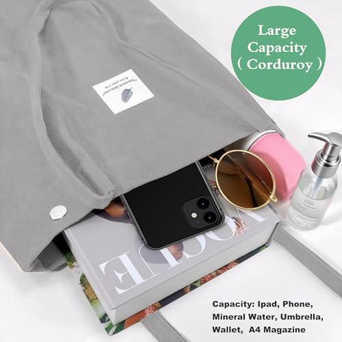 Corduroy Tote Bag for Women Small Canvas Shoulder Purse Cord Handy Bag with Inner Pocket | with Front Pocket - color: 02 Light Gray