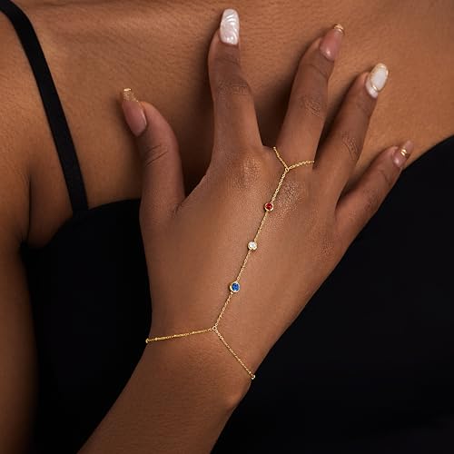 Poxtex Waterproof 14K Gold Plated Hand Chain Bracelet for Women, Non Tarnish Hypoallergenic Beaded Finger Ring Bracelet with Cubic Zirconia, Dainty Minimalist Boho Indian Style Stackable Wrist Body Jewelry for Summer Festival Vacation - color: Red/White/B