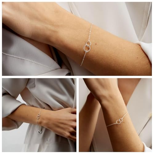 NOKMIT Solid 925 Sterling Silver Bracelets for Women, Dainty Interlocking Circles Cubic Zirconia Adjustable Chain Bracelet, Trendy Stackable Link Bracelets, Simple Cute Jewelry Gifts - color: Silver Interlocking Circles