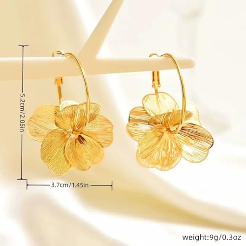 Dainty Gold Boho Textured Flower Hoop Earring for Women, Statement Unique Ginkgo Leaf Floral Petal Drop Dangle Earrings Vintage Party Holiday Jewelry