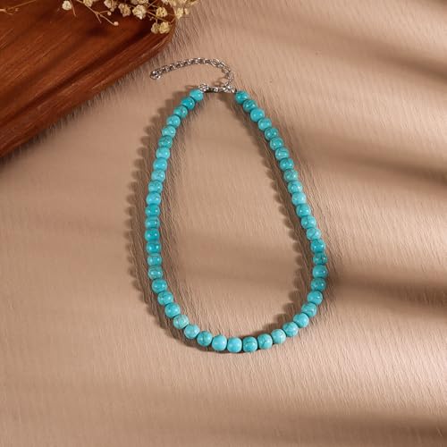 Pingyongchang Boho Layered Western Turquoise Necklaces for Women Vintage Stone Beaded Chokers Butterfly Catus Chain Country Concert Cowgirl Cowboy Jewelry Holiday Gifts - style: H 8MM