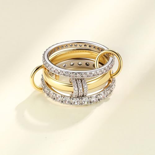 PATISORNA Gold Stackable Rings for Women Non Tarnish 18K Gold Plated Interlocked Stack Rings Set Silver Gold Mixed Metals Multi Ring Statement Thumb Rings Cubic Zirconia Connected Bands Fashion Jewelry Gifts - color: Three Circles Bands & CZ
