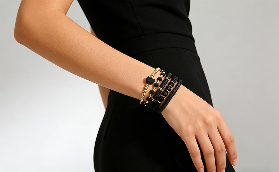 Alegend Titanium Steel (Not Rust, Resist Corruption, Easily Clean) 18K Gold Plated Single Bracelets + 14K Gold Plated Stackable Multilayer Bracelets - style: 14K Gold Plated Black Beaded