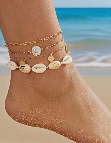 Shell Ankle Bracelets Set for Women Boho Bead Anklets Hawaiian Summer Beach Seashell Pearl Disc Puka Cowrie Conch Foot Chain Jewelry Gifts Gold Tone Adjustable - style: Disc