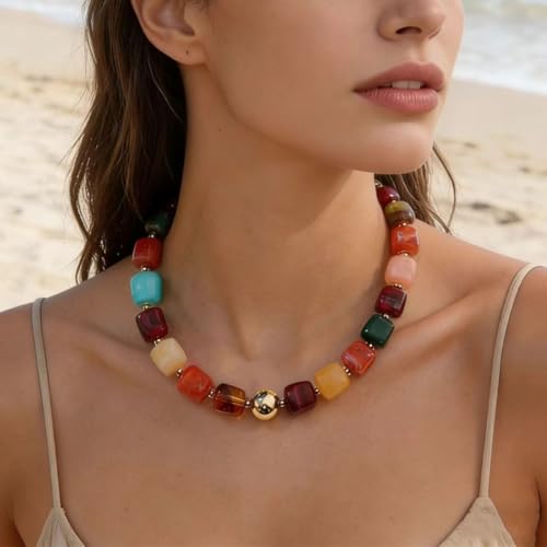 Chunky Beaded Statement Necklace for Women Trendy Colorful Boho Resin Bead Choker Necklaces Summer Handmade Jewelry Gifts Accessories - color: Colorful - 2