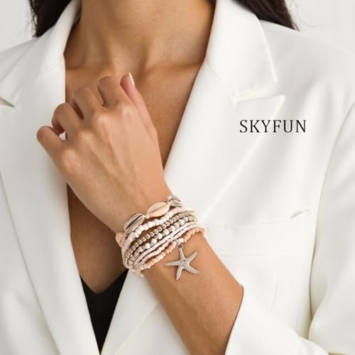 Beach Bracelets for Women Bohemian Stackable Heishi Surfer Bracelet Set Elastic Seashell Starfish Boho Friendship Bracelets for Summer Beach Party Holiday Vacation Jewelry - color: 7PCS-Silver
