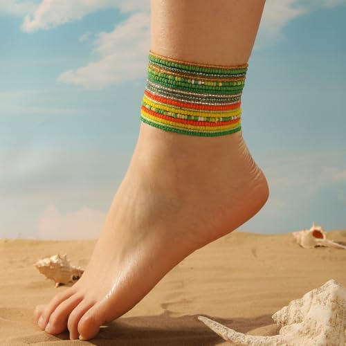 Fuqimanman2020 18Pcs Boho Stackable Beaded Bracelets for Women Colorful Handmade Multilayered Rice Beads Anklets Set Summer Beach Bohemian Jewelry Gift - color: Style 1 Blue