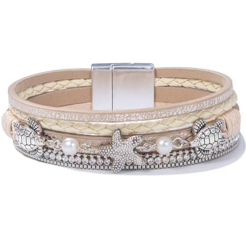 FANCY SHINY Turtle Starfish Leather Wrap Bracelet Boho Rhinestone Pearl Cuff Bracelets for Women Summer Beach Jewelry for Women - color: Gold