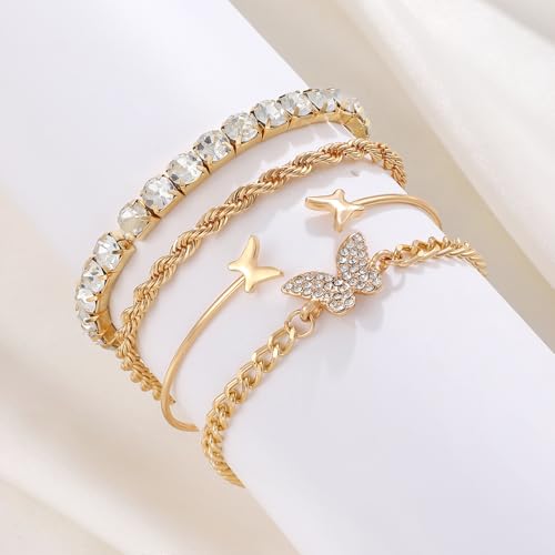Alegend Titanium Steel (Not Rust, Resist Corruption, Easily Clean) 18K Gold Plated Single Bracelets + 14K Gold Plated Stackable Multilayer Bracelets - style: 14KGold + 4PCS A