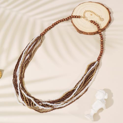 Coiris Chunky Statement Necklaces for Women Boho Multi Long Layered Strand Beaded Necklace for Women Handmade Crystal Beach Jewelry Gift - color: Brown