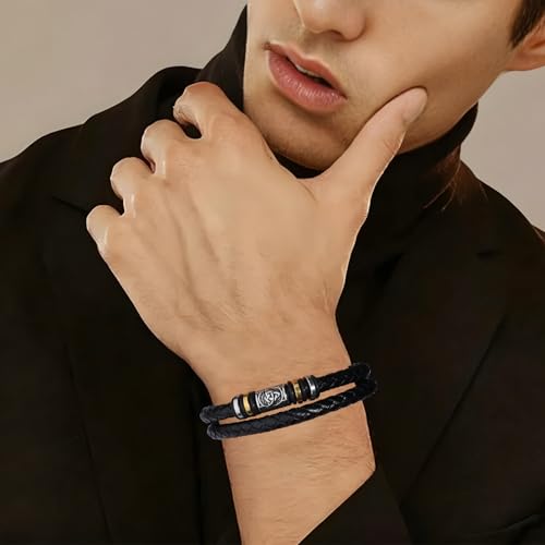 Mens Leather Bracelet,Black Stainless Steel Double-Row Braided Black Stainless Steel Love You Forever Engraved,Baptism Easter Day Gift for Men Son & Grandson - style: For Husband