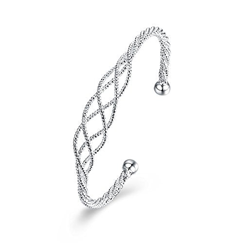 Sterling Silver Adjustable Wire Bracelet Fashion Bangle Cuff Bracelet with Specail Follower Mesh Pattern Designed For Women Adults