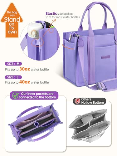 FIORETTO Women’s Canvas Tote Bag Purse with Zipper, Multi Compartment & Reinforced Bottom, Ideal for Work, Bible, Travel - color: Purple, size: Large, style: Built-in Organizer