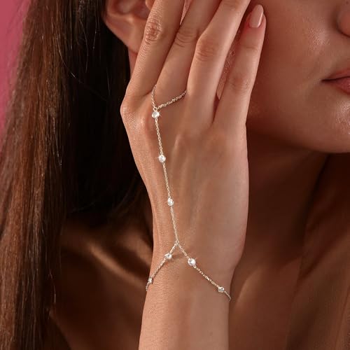 Hand Chain Bracelet for Women Trendy, Dainty Silver Beaded Finger Ring Bracelet Non Tarnish Minimalist Adjustable Simple Cute Silver Bracelets Waterproof Fashion Jewelry - color: Silver-02