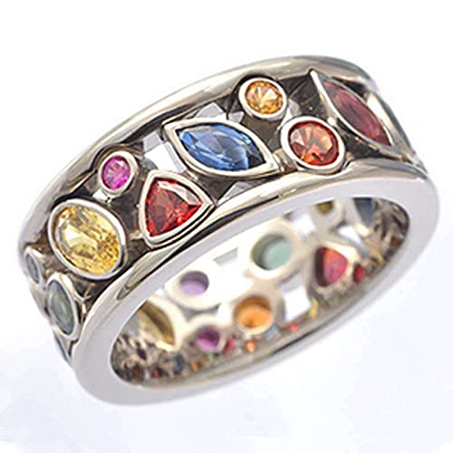 Vintage 925 Sterling Silver Multicolored Crystal Ring AAA Cubic Zirconia Boho Statement Band Ring for Women, Geometrical Gemstone Eternity Ring Cocktail Party Ring - color: Size-7