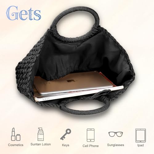 Gets Handwoven Rattan Top-handle Bag for Women Bohemian Round Straw Tote Bag Beach Large Carrying Handbag - color: Black