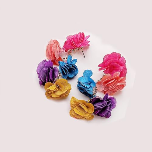 Colorful Flower Fringe Statement Earrings for Women Bohemia Vintage Big Fabric Floral Dangle Earrings Exaggerated Flower Earrings Ethnic Style Jewelry