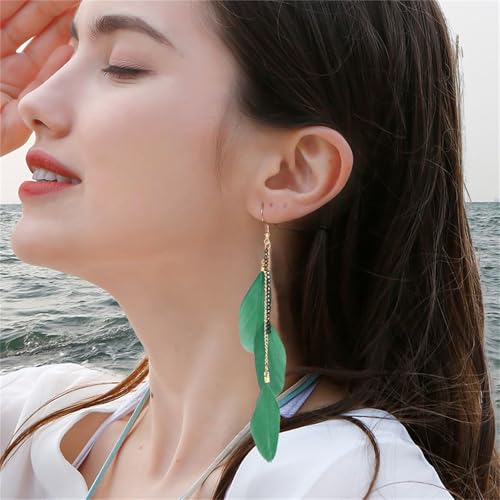 coadipress Boho Piercing Tassel Feather Long Chain Earrings Retro Lightweight Native Feather Dangle Drop Earrings for Women Bohemian Handmade Natural Feathers Earring Jewelry - color: Arm Green