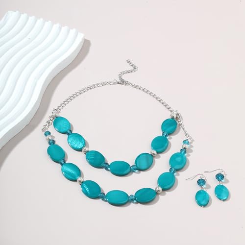 2 Layered Chunky Beaded Shell Necklace for Women Sea Shell blue/yellow/red/green/turquoise/teal/white Statement Necklace and Earring Set Elegant Women Necklace Set Jewelry Sets for Women - color: Teal Green