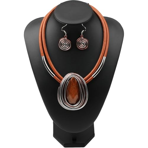 Ethnic Crystal Rhinestone Pendant Necklace Earrings Set Women Handmade Tribal Collar Choker Chunky Metal Bib Rope Chain African Statement Jewelry Set - color: NXR1484-brown