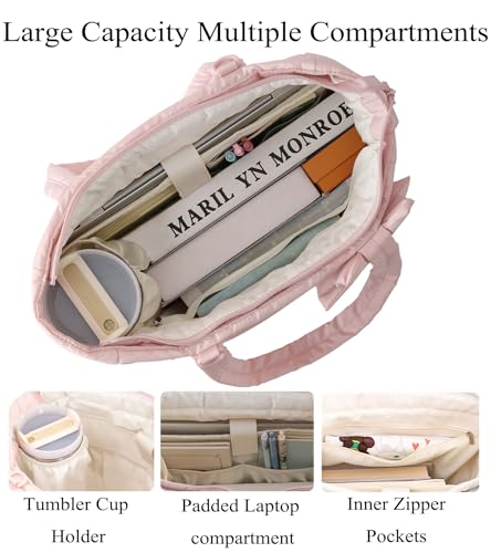 CTWWFS Puffer Tote Bag for Women, Quilted Bow Tote Bag with Cup Holder & 15.6 In Laptop Compartment for Work, Travel, Gym - color: Pink