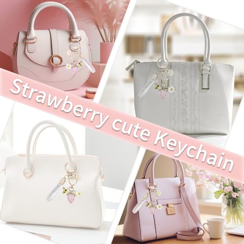 Keychain for Women Girls Bling Heart/Star/Strawberry Key Chain Accessories for Key/Backpack Bag Charm - color: Pink Strawberry
