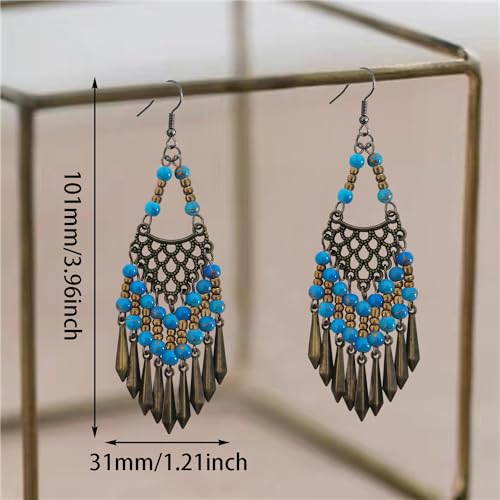 Handmade Vintage Bronze Bohemian Long Tassel Colorful Bead Dangle Drop Earrings Big Tribal Chandelier Geometry Hook Earrings for Women Statement Jewelry Gifts - color: Lake Blue