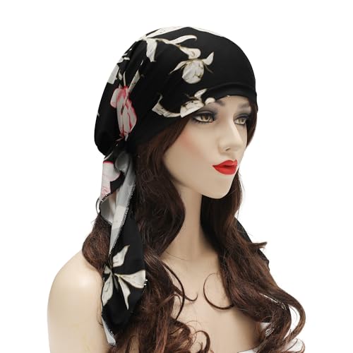 ZLYC Chemo Headwear Pre Tied Head Scarf Headwraps Lightweight Turban Beanie Cap for Women - color: Flower Leaves Black