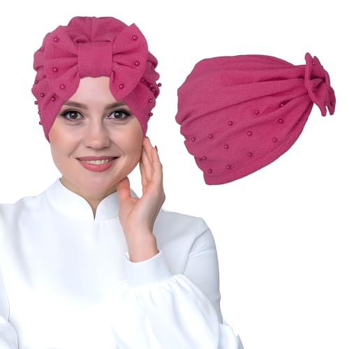 Bohend Stretchy Bowknot Turban Headband Elastic Cap Non Slip Bonnet Beanie Headwrap Hats for Women and Girls - color: Pink