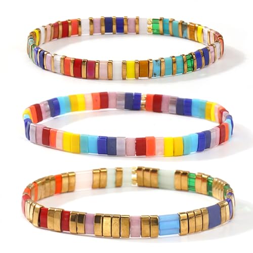 Tila Flat Beaded Stretch Bracelet for Women,Bohemian Friendship Bead Bracelets Handmade Stack Boho Jewelry Accessory for Everyday Wear, Vacation and Friend Gifts - color: colors-02