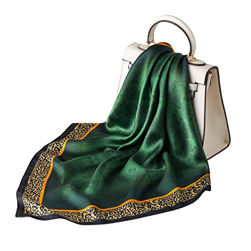 STARWHISPER 100% Pure Mulberry Silk Square Scarf-27''x27 Lightweight Hair Scarves Headscarf Night Sleeping with Gift Packed - color: Green Leopard