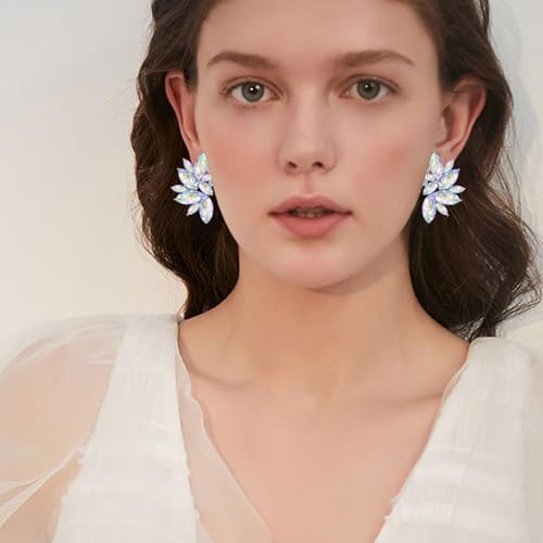 Bohemian Statement Sparkly Colourful Fancy Rhinestone Crystal Flower Dangle Drop Stud Earrings Vintage Wedding Bridal Prom Earrings for Women - color: Colorful White