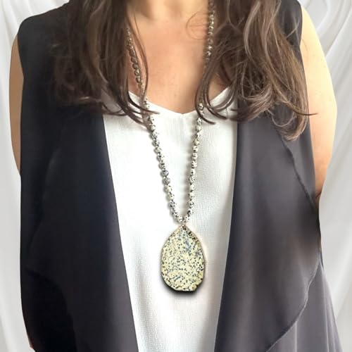 Long Genuine Stone beads and Pendant Necklace for Woman. Hand Knotted natural stone beads with big non-precious stone statement necklace. HANDMADE Boho Jewelry for women. - color: Spotted black and beige
