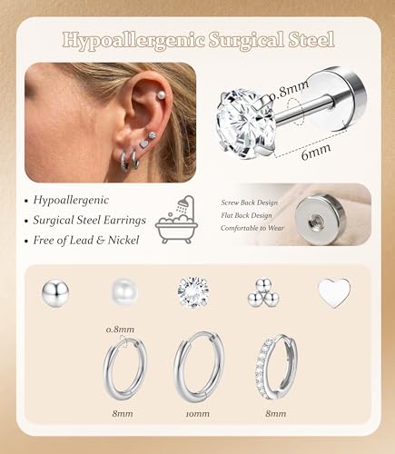 Incaton Hypoallergenic Flat Back Earrings for Women Silver 14K Gold Plated Surgical Stainless Steel Stud Earrings Cubic Zirconia Cartilage Studs Earrings For Multiple Piercing Sensitive Ears - color: I-Silver