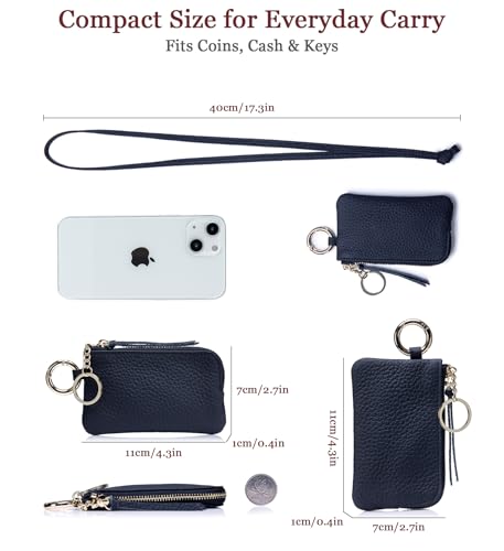 Small Leather Coin Purse for Women with Wrist Strap & Keychain – Mini Zipper Coin Pouch, Compact Change Holder & Travel Wallet with Gift Box (Royal Blue) - color: Royal Blue