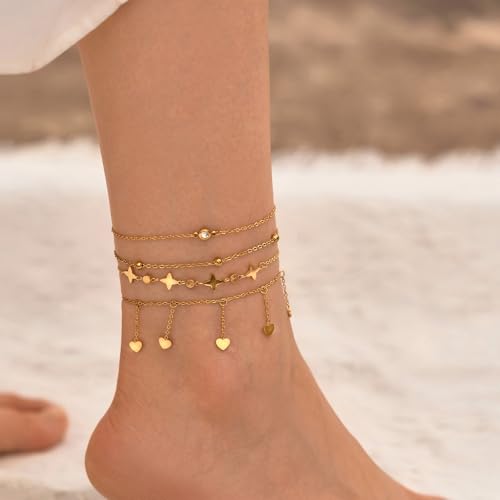 LOFITOR Ankle Bracelets for Women Glitter Waterproof Adjustable Anklet Set for Women 18K Gold Plated Silver Charm Dainty Layered Anklets, Summer Beach Anklet Jewelry for Women - style: Heart Silver