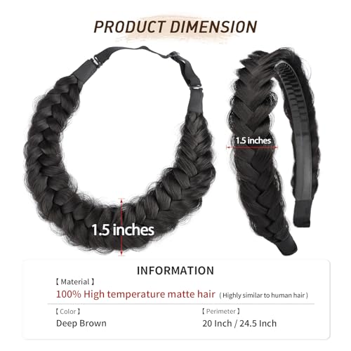 2PCs Braided Headband with teeth Handmade Messy Wide Synthetic Hair Elastic Stretch Fluffy Hairpiece for Brides (Deep Brown) - color: Deep Brown