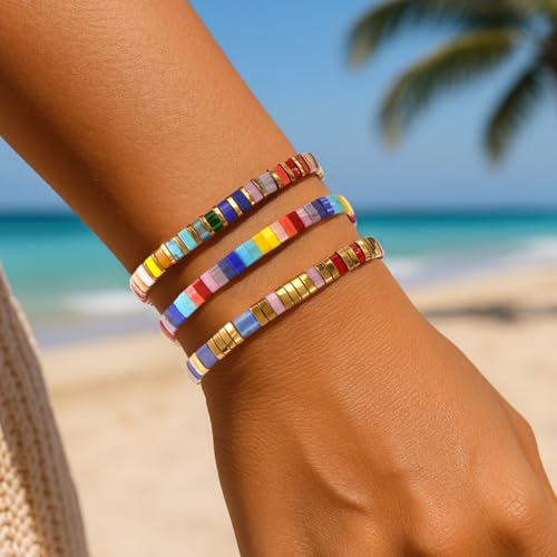Tila Flat Square Stack Beaded Bracelets Set for Women Men, Boho 3Pcs Romantic Handmade Healing Gold Colorful Stretch Accessories Jewelry, Daily Vacation Party Holiday Friendship Gift - color: Rainbow