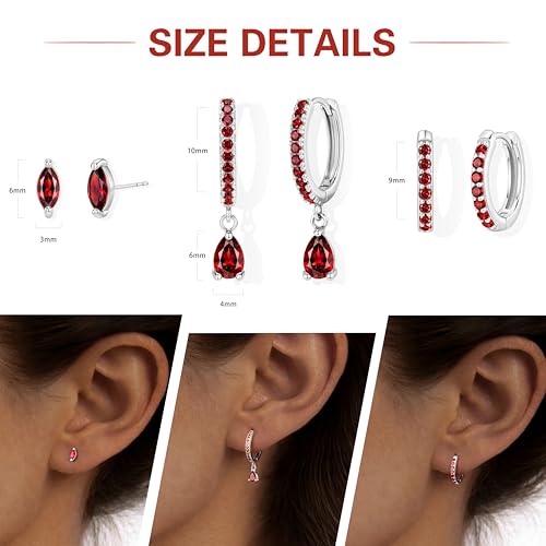 14K Gold Plated Small Huggie Hoop Earrings Set for Women, Hypoallergenic Dainty Sterling Silver Dangle Studs for Cartilage Helix, Lightweight Trendy Cute Stack Birthstone Jewelry Gift - color: 01_Garnet_Jan_Silver