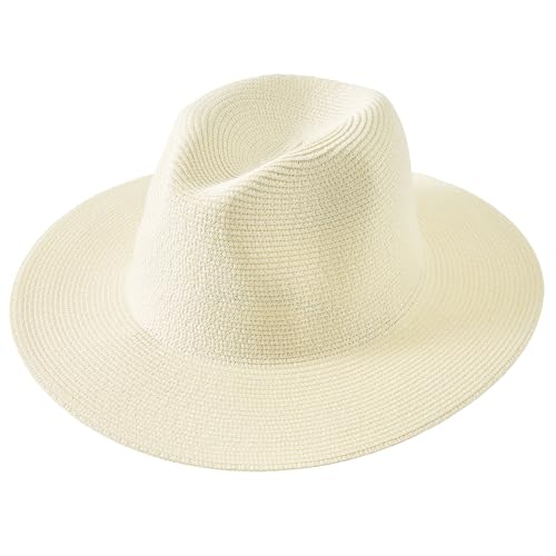 Lanzom Women Wide Brim Straw Panama Roll up Hat Fedora Beach Sun Hat UPF50+ - color: Beige Without Band, size: Large-X-Large