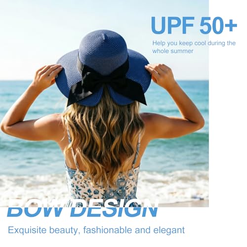 DRESHOW Sun Hats for Women Travel Fedora Foldable Beach Sun Hat Summer Wide Brim Straw Bucket Hat with Bowknot UPF 50+ - color: 1 Pack With Bowknot: Navy With Black Band