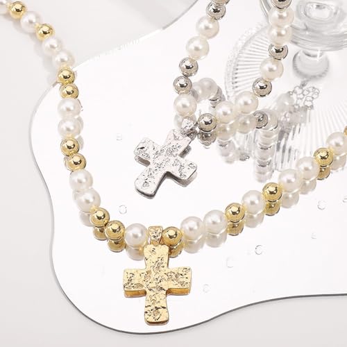 Chunky Cross Necklace for Women Chunky Gold Necklace Statement Cross Pendant Vintage Toggle Clasp Necklace Jewelry for Women - color: F2-Silver Cross Necklace