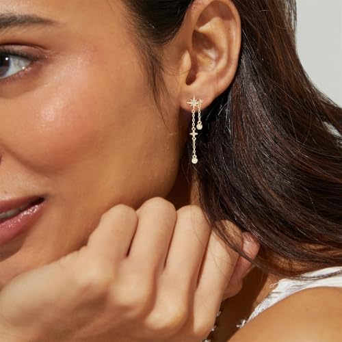 LLWOM 14K Gold/White Gold Plated CZ/Flower/North Star/Leaf Dangle Drop Earrings Studs for Women, Statement Earrings for Wedding Party Prom, Hypoallergenic Jewelry Gift - color: Gold North Star
