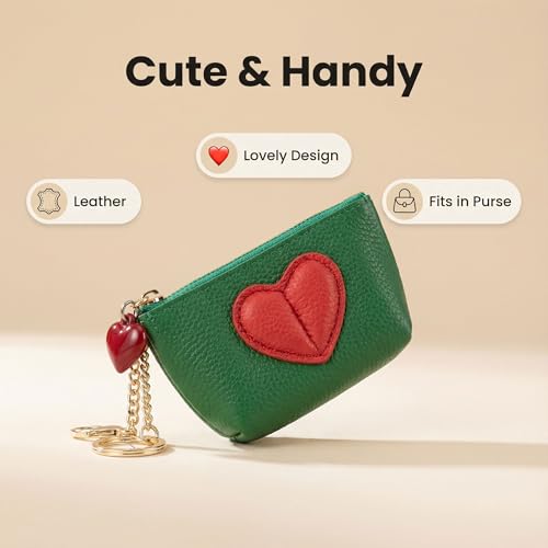 Red Heart Design Small Coin Purse - Cute Compact Keychain Change Purse Soft Leather Wallet with Zipper for Women (Green) - color: Green