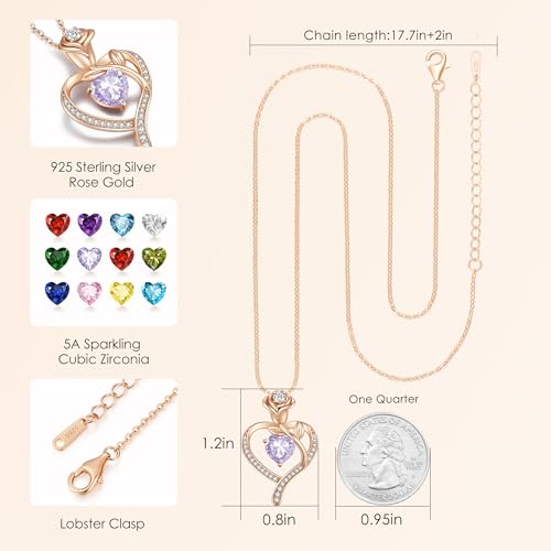 LOUISA SECRET Rose Flower Heart Birthstone Necklaces for Women, 925 Sterling Silver Jewelry, Pendant Heart Necklaces Birthday Anniversary Christmas Gift for Women Wife Mom Girlfriend Lady - color: Rose Gold-06-Jun