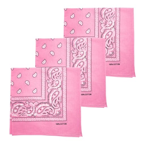 MDSTYLE 100% Cotton Bandana for Men & Women 22" x 22" Paisley Pattern Handkerchief Headband Scarf - color: Pink - 3 Pack