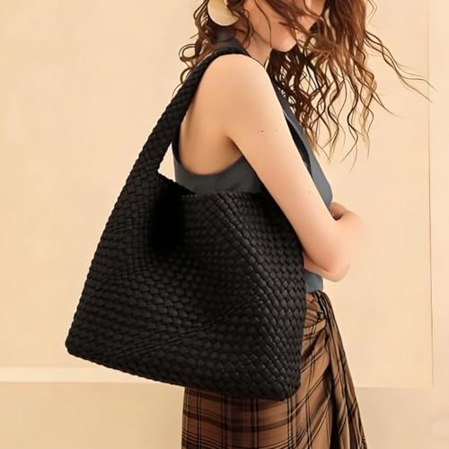 Woven Tote Bag For Women, Large Vegan Leather Travel Handbag, Casual Work Shoulder Bag, Underarm Commuter Hobo Bag With Purse - color: Black