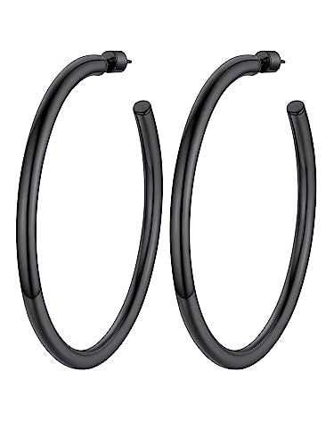 Stainless Steel Chunky Hoop Earrings For Women, Minimalist and Chic, Black/Gold Plated, Round Hoops Earrings Hypoallergenic, Size: 30mm/40mm/60mm/80mm, Come with Box - color: 2. Black, size: 80MM