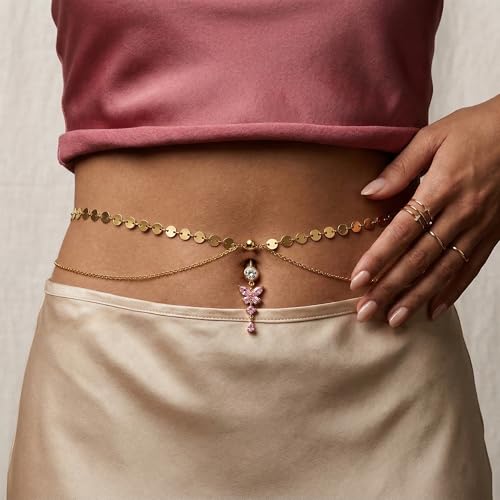 Pink Heart Belly Button Ring with Waist Chain for Women, Gold Triple Cubic Zirconia Dangle Navel Piercing, Adjustable Body Jewelry for Summer Beach Bikini - color: Chain-Style A