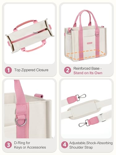 FIORETTO Women’s Canvas Tote Bag Purse with Zipper, Multi Compartment & Reinforced Bottom, Ideal for Work, Bible, Travel - color: Beige & Pink, size: Large, style: Built-in Organizer